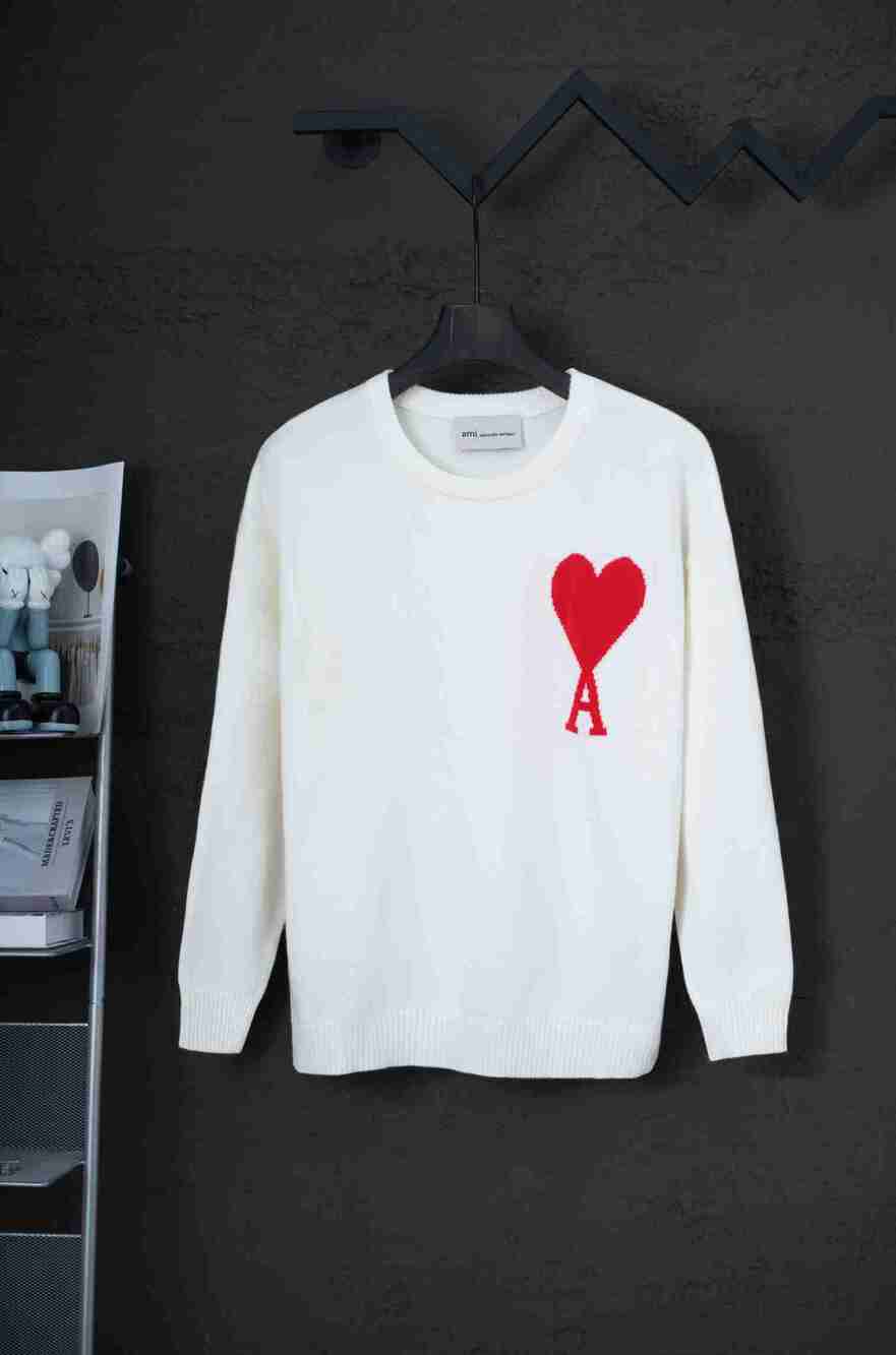 AMI Paris Off‑White Unisex Red Heart‑A Crewneck Sweater